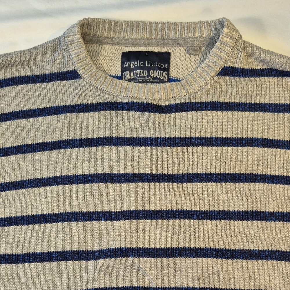 Angelo Litrico Crafted Goods Mens Classic Crewneck Gray and Blue Striped Sweater